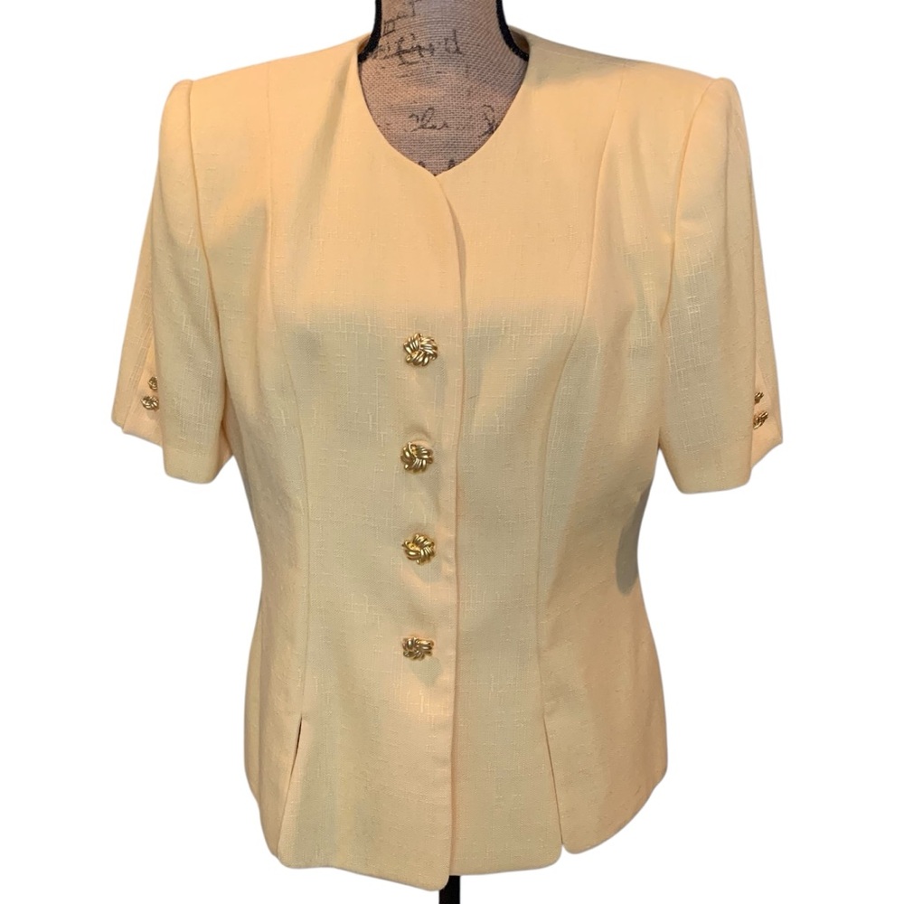 Elegant Yellow Blazer with Gold Buttons and matching skirt